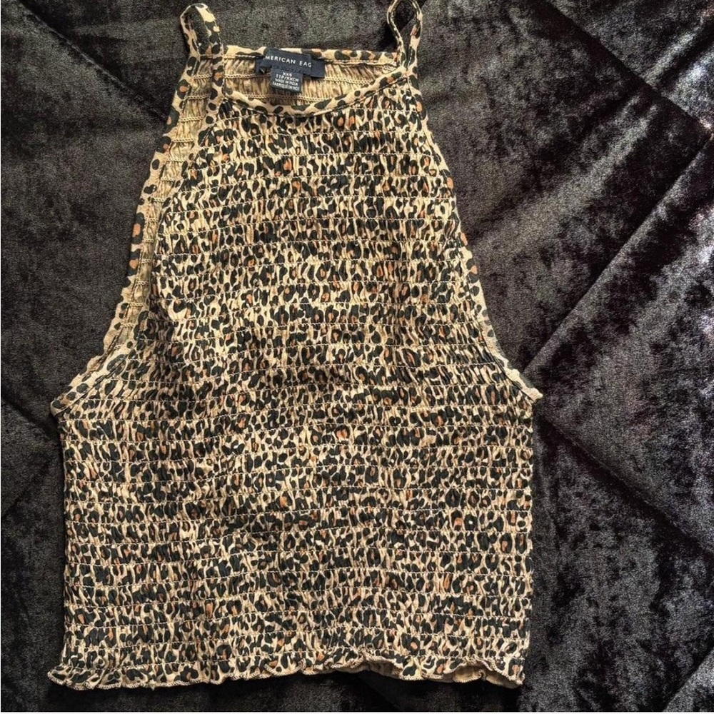 American Eagle Leopard Print Smocked Cropped Tank Top